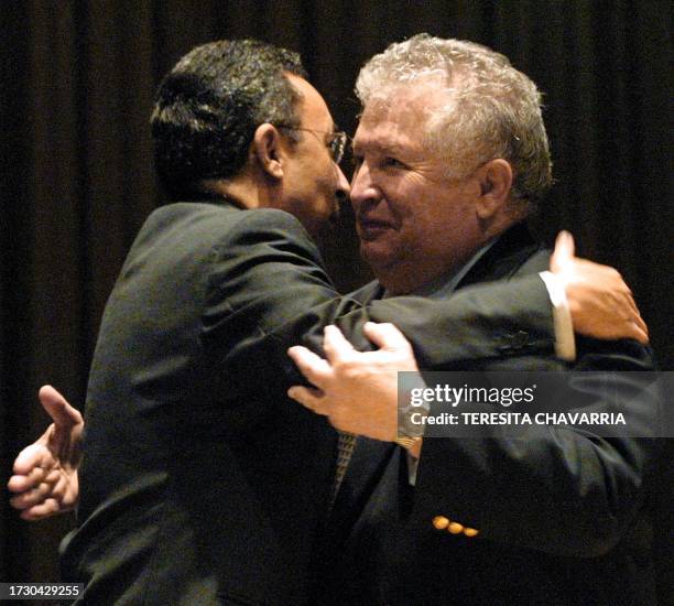 The Vice President of El Salvador Carlos Quintanilla greets his Guatemalan counterpart Juan Francisco Reyes in San Jose, Costa Rica. Carlos...