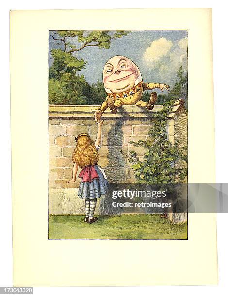 humpty dumpty on a wall illustration, (alice's adventures in wonderland) - alice stock illustrations