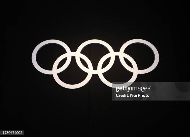 Logo of Olympics is pictured on the third day of the 141st IOC session in Mumbai, India, 17 October, 2023.