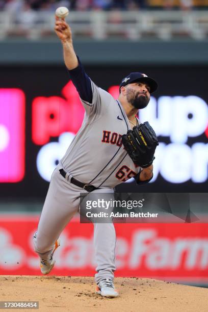Jose Urquidy of the Houston Astros pitches against the Minnesota Twins during the first inning in Game Four of the Division Series at Target Field on...