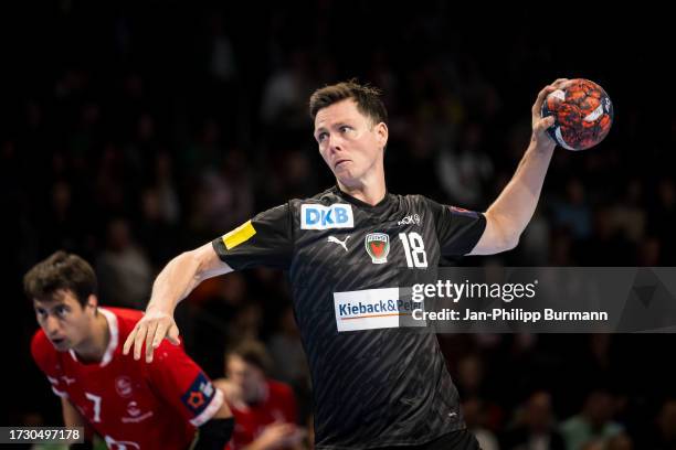 Hans Lindberg of the Fuechsen Berlin during the EHF European League match between Fuechse Berlin and Chambery Savoie HB on October 17, 2023 in...