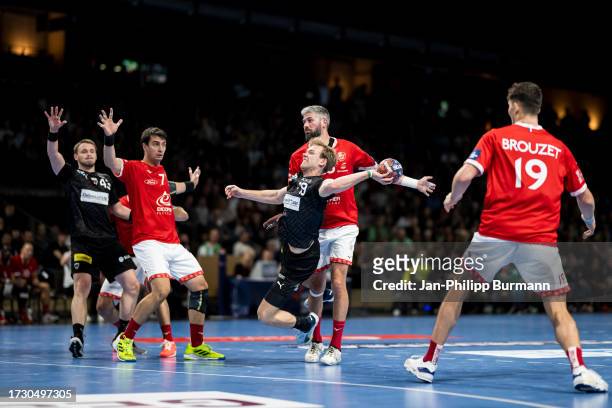 Mathias Gidsel of the Fuechsen Berlin during the EHF European League match between Fuechse Berlin and Chambery Savoie HB on October 17, 2023 in...