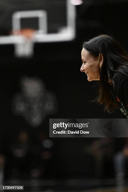 Sandy Brondello of the New York Liberty looks on during practice and media availability at the 2023 WNBA Finals on October 17, 2023 in Brooklyn, New...