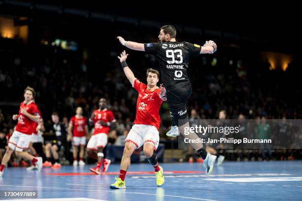 Mijajlo Marsenic of the Fuchse Berlin during the EHF European League match between Fuechse Berlin and Chambery Savoie HB on October 17, 2023 in...