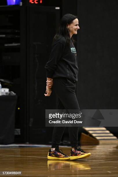 Sandy Brondello of the New York Liberty smiles during practice and media availability at the 2023 WNBA Finals on October 17, 2023 in Brooklyn, New...