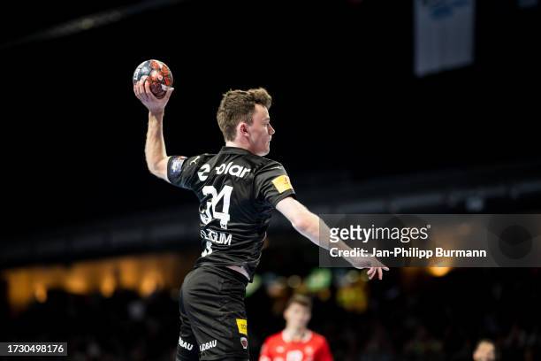 Hakun West av Teigum of the Fuchse Berlin during the EHF European League match between Fuechse Berlin and Chambery Savoie HB on October 17, 2023 in...