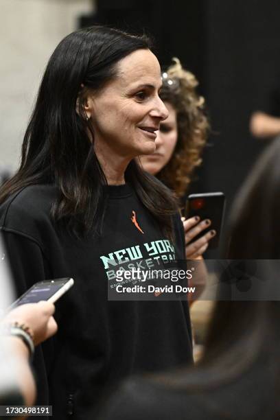Sandy Brondello of the New York Liberty talks to the media during practice and media availability at the 2023 WNBA Finals on October 17, 2023 in...