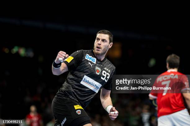 Mijajlo Marsenic of the Fuchse Berlin during the EHF European League match between Fuechse Berlin and Chambery Savoie HB on October 17, 2023 in...