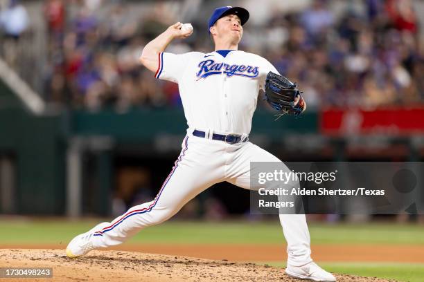 Josh Sborz of the Texas Rangers delivers a pitch during a game against the Chicago White Sox at Globe Life Field on August 01, 2023 in Arlington,...