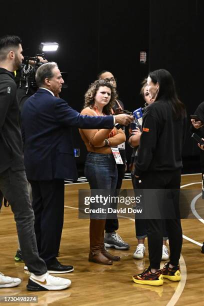 Sandy Brondello of the New York Liberty talks to the media during practice and media availability at the 2023 WNBA Finals on October 17, 2023 in...