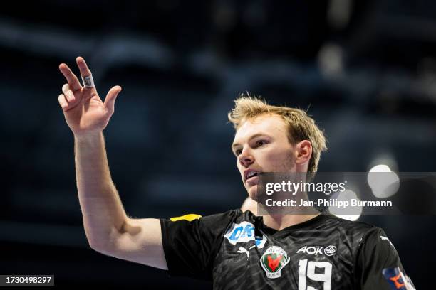 Mathias Gidsel of the Fuchse Berlin during the EHF European League match between Fuechse Berlin and Chambery Savoie HB on October 17, 2023 in Berlin,...