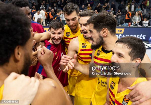 Players of FC Barcelona celebrate after winning the Turkish Airlines EuroLeague season 2023/2024 match between Partizan Mozzart Bet Belgrade and FC...