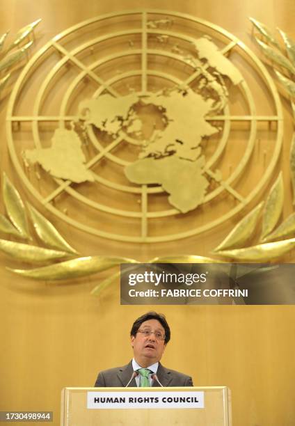 Colombia's Vice President Francisco Santos Calderon delivers a speech on the opening day of a Human Rights Council session on March 3, 2008 at the UN...