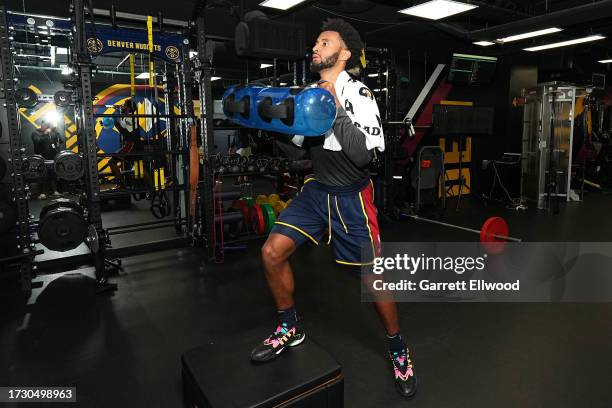 Braxton Key of the Denver Nuggets during an open practice on October 14, 2023 at Ball Arena in Denver, Colorado. NOTE TO USER: User expressly...