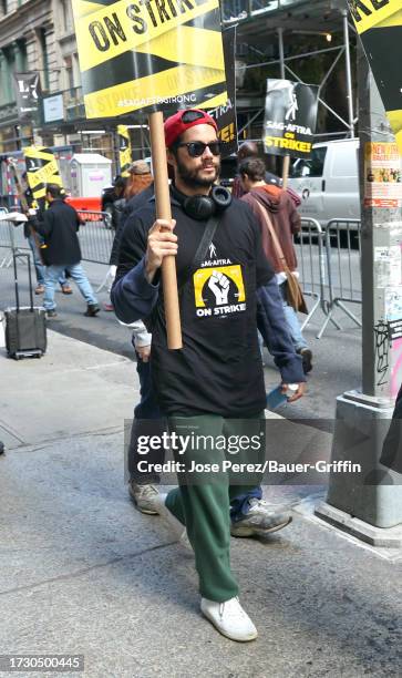 Dylan O'Brien is seen at the SAG-AFTRA picket line outside the HBO building on October 17, 2023 in New York City.