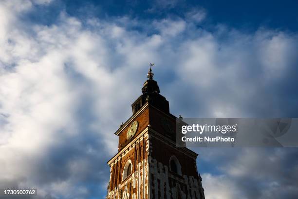 View of the Town Hall Tower at Main Square in Krakow, Poland on October 16, 2023.