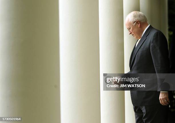 Vice President Dick Cheney walks through the Collonade to attend Rob Portman's swearing in ceremony as Director of the Office of Management and...