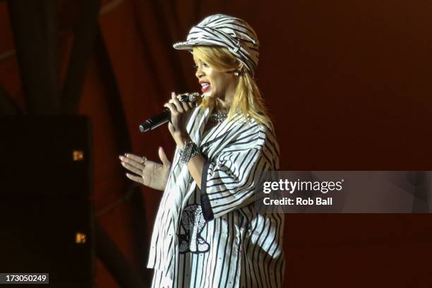 Rihanna headlines the Orange Stage on stage on Day 2 of Roskilde Festival 2013 on July 5, 2013 in Roskilde, Denmark.