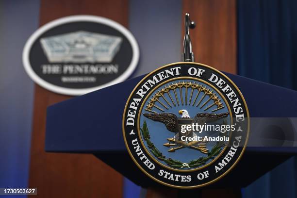 Pentagon logo is seen ahead of a press conference at the Pentagon in Washington D.C., United States on October 17, 2023.