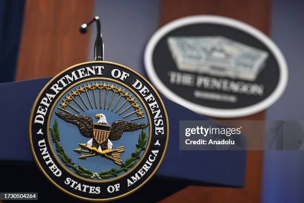 Pentagon logo is seen ahead of a press conference at the Pentagon in Washington D.C., United States on October 17, 2023.