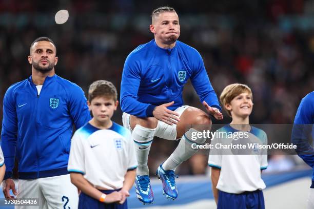 Kalvin Phillips of England jumps up during the UEFA EURO 2024 European qualifier match between England and Italy at Wembley Stadium on October 17,...