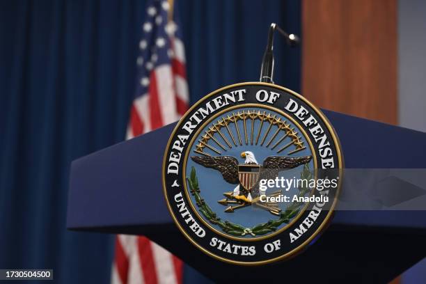 Pentagon logo is seen ahead of a press conference at the Pentagon in Washington D.C., United States on October 17, 2023.