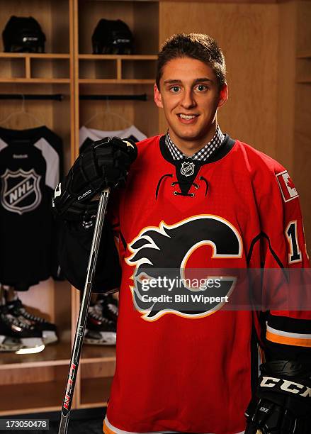 Morgan Klimchuk, 28th pick overall by the Calgary Flames, poses for a portrait during the 2013 NHL Draft at Prudential Center on June 30, 2013 in...