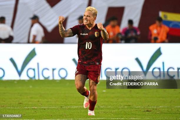 Venezuela's midfielder Yeferson Soteldo celebrates after scoring his team's first goal during the 2026 FIFA World Cup South American qualification...