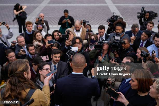 House Minority Leader Hakeem Jeffries speaks to reporters on the East Steps of the U.S. Capitol on October 17, 2023 in Washington, DC. The House has...