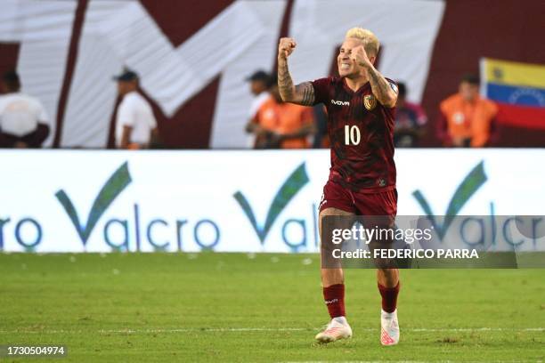 Venezuela's midfielder Yeferson Soteldo celebrates after scoring his team's first goal during the 2026 FIFA World Cup South American qualification...