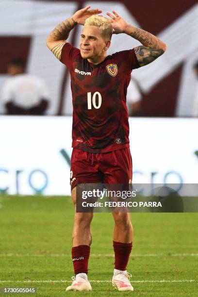 Venezuela's midfielder Yeferson Soteldo celebrates after scoring his team's first goal during the 2026 FIFA World Cup South American qualification...