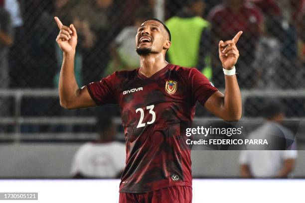 Venezuela's forward Salomon Rondon celebrates after scoring during the 2026 FIFA World Cup South American qualification football match between...