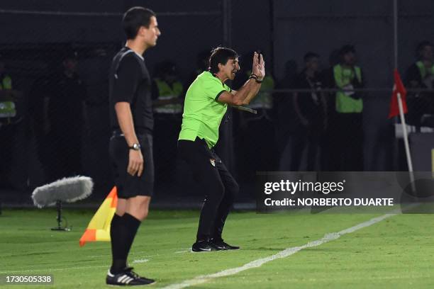 Bolivia's coach Argentine Gustavo Costas gives instructions during the 2026 FIFA World Cup South American qualification football match between...