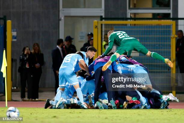 Alessandro Golinucci of San Marino celebrates with team mates after scoring his goal during the UEFA EURO 2024 European qualifier match between San...