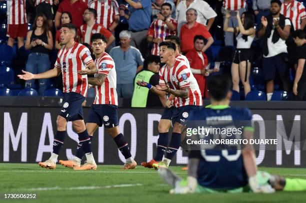Paraguay's forward Gabriel Avalos argues after his goal was disallowed during the 2026 FIFA World Cup South American qualification football match...