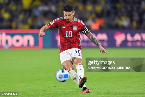 Colombia's midfielder James Rodriguez kicks the ball during the 2026 FIFA World Cup South American qualification football match between Ecuador and...