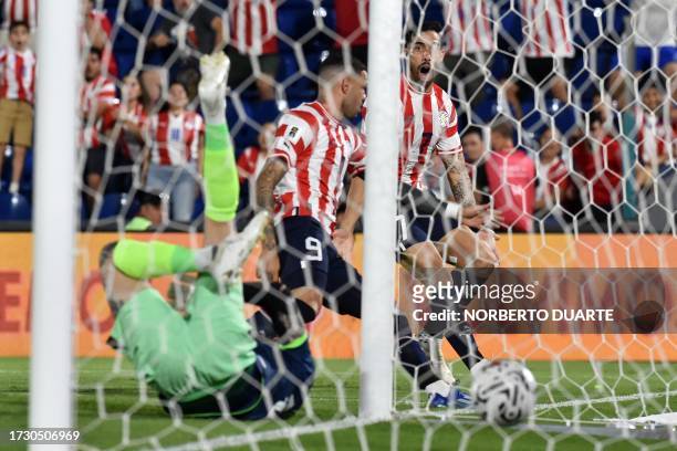 Paraguay's forward Antonio Sanabria scores a goal during the 2026 FIFA World Cup South American qualification football match between Paraguay and...