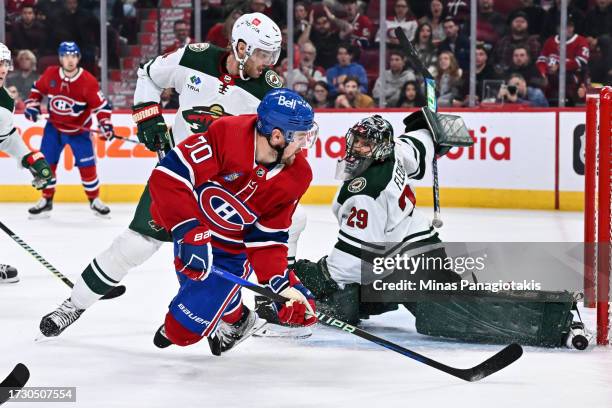 Marc-Andre Fleury of the Minnesota Wild makes a pad save on a shot by Tanner Pearson of the Montreal Canadiens during the second period at the Bell...