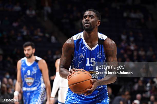 Dwayne Bacon of the Maccabi Ra-anana shoots a free throw during the game against the Minnesota Timberwolves on October 17, 2023 at Target Center in...