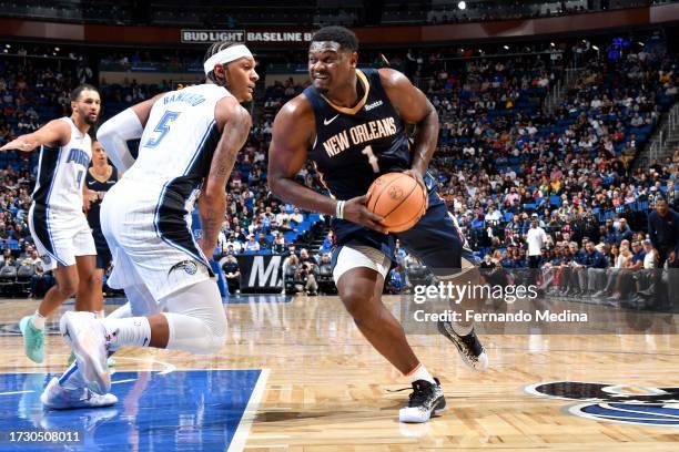 Zion Williamson of the New Orleans Pelicans drives to the basket during the game against the Orlando Magic on October 17, 2023 at Amway Center in...