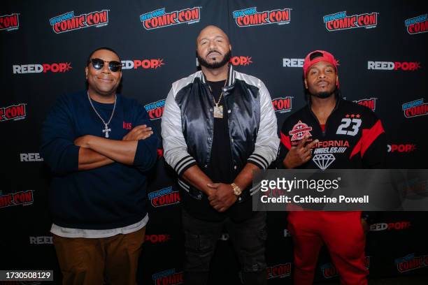 Kenan Thompson, DJ Suss One and Kel Mitchell backstage during the Good Burger 2 panel at New York Comic Con at Javits Center on October 15, 2023 in...