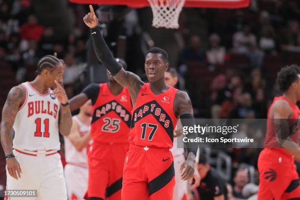 Toronto Raptors guard Dennis Schroder reacts to a call during a NBA game between the Toronto Raptors and the Chicago Bulls on October 17, 2023 at the...