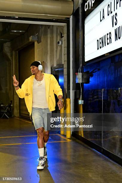 Russell Westbrook of the LA Clippers arrives to the arena before the game against Denver Nuggets on October 17, 2023 at Crypto.Com Arena in Los...