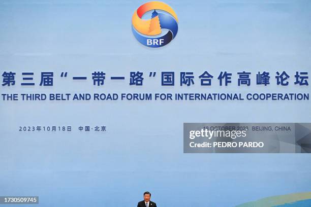 China's President Xi Jinping speaks during the opening ceremony of the third Belt and Road Forum for International Cooperation at the Great Hall of...