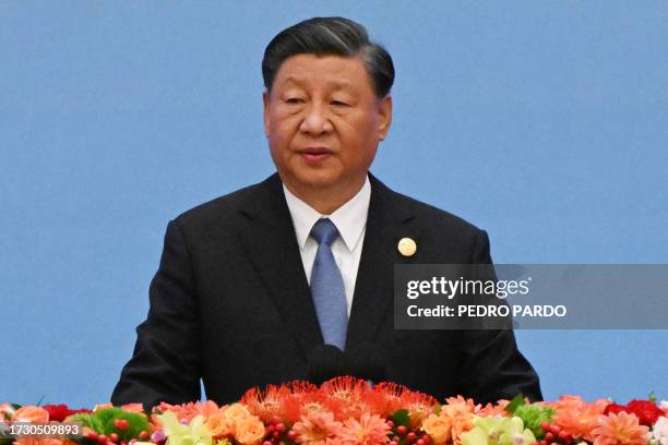 China's President Xi Jinping speaks during the opening ceremony of the third Belt and Road Forum for International Cooperation at the Great Hall of...