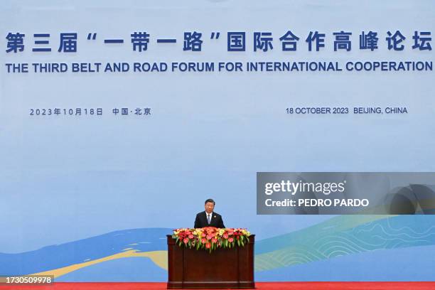 China's President Xi Jinping speaks during the opening ceremony of the third Belt and Road Forum for International Cooperation at the Great Hall of...