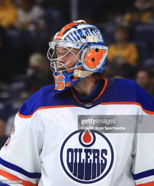 The artwork on the mask of Edmonton Oilers goalie Jack Campbell is shown during the NHL game between the Nashville Predators and Edmonton Oilers,...