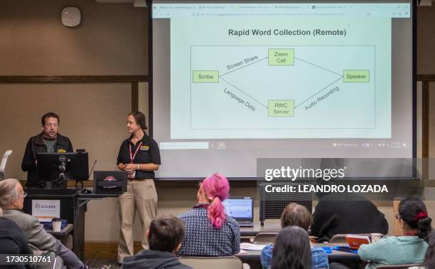 Attendees listen during the ICILDER 2023 Conference in Bloomington, Indiana, on October 13, 2023. Lakota dictionaries, children's books in Apache,...