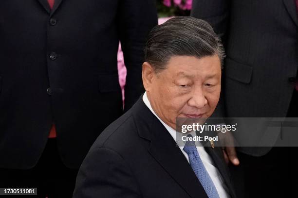 Chinese President Xi Jinping heads to a group photo session with other leaders at the Third Belt and Road Forum on October 18, 2023 in Beijing, China.