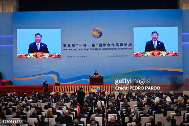 China's President Xi Jinping speaks during the opening ceremony of the third Belt and Road Forum for International Cooperation at the Great Hall of...